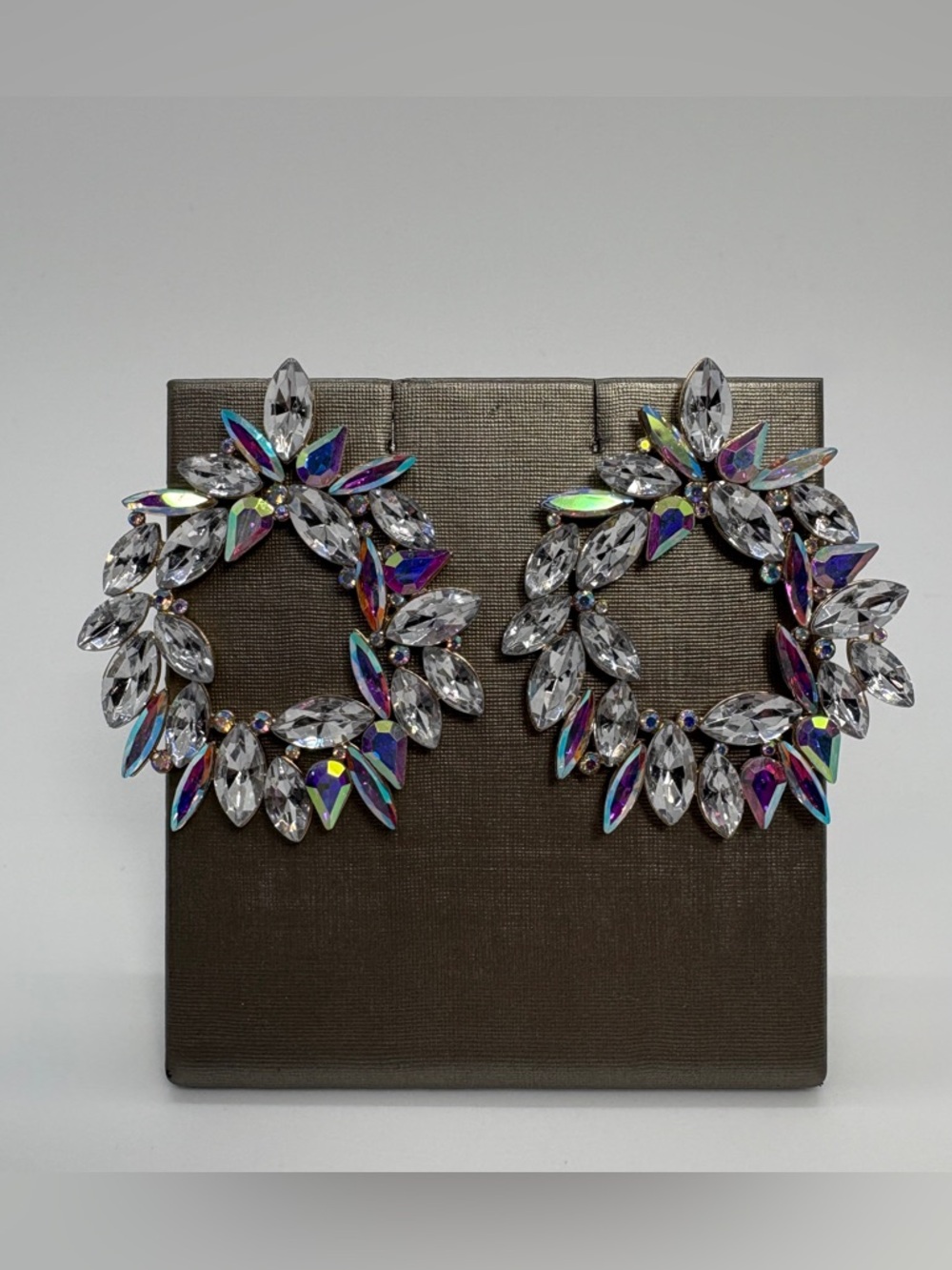 Clear AB Crystal Wreath Circle Bridal Prom Pageant Earrings in Gold Tone